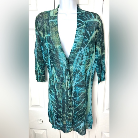 NIC + ZOE Cardigan Sweater Turquoise Green Teal Blue Long Tunic Knit Tropical - Picture 1 of 10